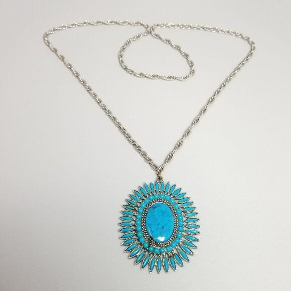 Vintage Faux Turquoise Radiant Oval Pendant and Long Silver Tone Chain, Estate - Picture 2 of 9